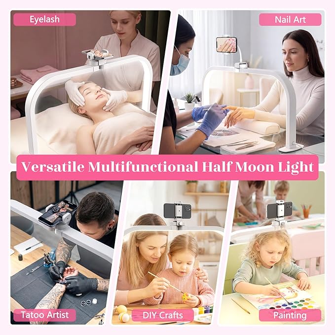 LIONVISON Half Moon Light for Nail Desk: 29" Larger Arch Nail Light for Nail Tech - Foldable Half Moon Nails Desk Lamp with Phone Holder for Home Salon - 3 Color Modes & 10 Brightness for Beginner