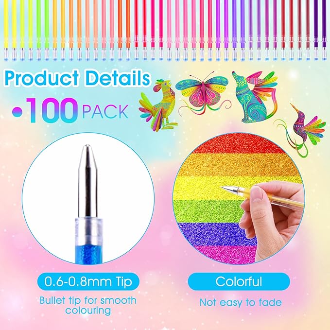 Colorful Gel Pen Refills, 100pcs Multicolor Pen Refills 4 Color Types Metallic Pastel Glitter Neon Pen Ink Refills for Adults Coloring Book Scrapbooking Drawing
