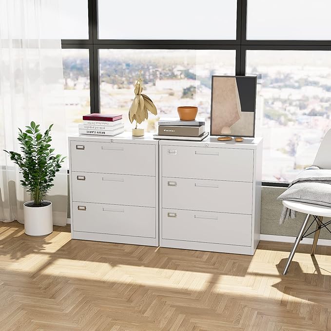 MIIIKO Lateral File Cabinet 3 Drawer, White Metal Filing Cabinet with Lock Lock for Home Office, Large Storage File Organizer for Hanging File Folders,Easy Assemble