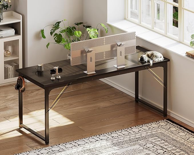 Casaottima 63 Inch Computer Desk for Home Office, Study Writing Table for Small Spaces, Simple Modern Desk with Headphone Hooks, Black