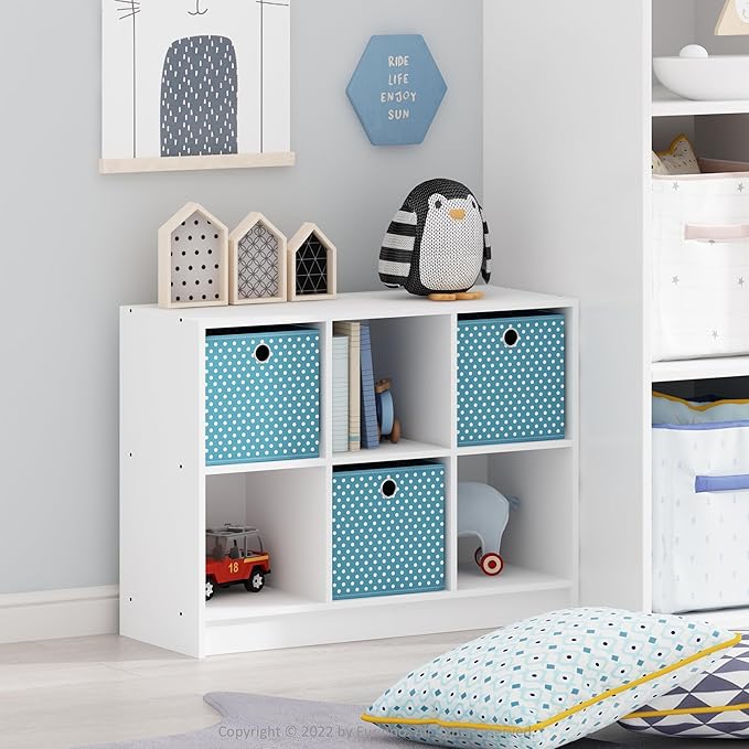 Furinno BASIC Book Shelf, 6-Cube Bookshelf with Open Shelf, 3 x 2 Bookcase with Storage Bins, Closed Back, Horizontal, 11.9 x 31.6 x 23.6, for Living Room, Bedroom, Home Office, White/Light Blue