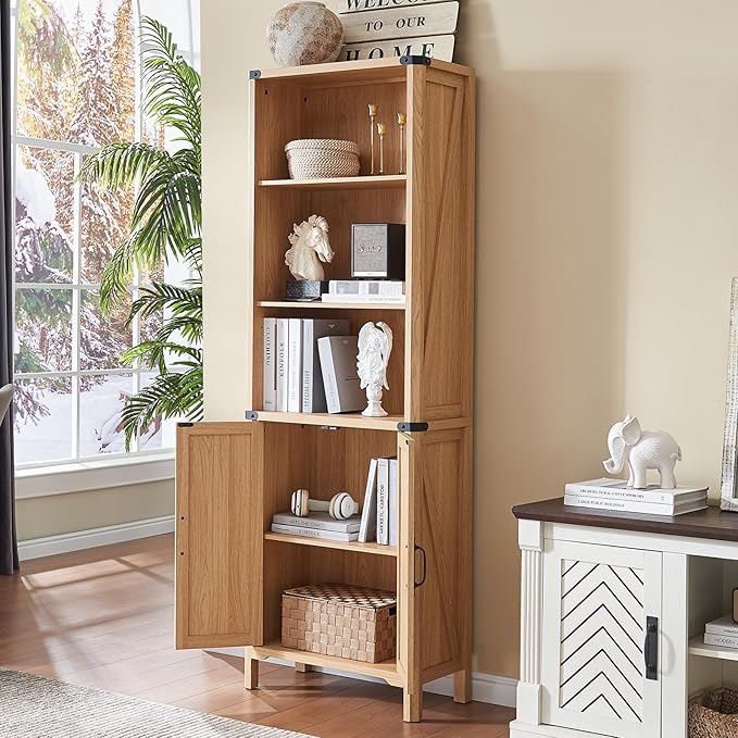 71" Tall Bookshelf, 5 Tier Bookcase with Adjustable Shelves and Barn Doors,Natural Wood Farmhouse Bookshelf with Storage Cabinet,Wood Freestanding Display Bookshelves for Bedroom,Living Room