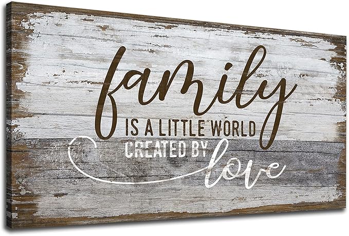 tigeridge Family Is a Little World Created by Love Canvas Wall Art Rustic Letters Prints Retro Farmhouse Wooden Board Canvas Pictures Wall Decor Vintage Artwork for Living Room Decoration 29" x 58"