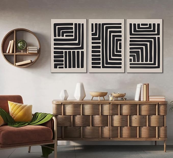 3 Pcs Boho Abstract Lines Canvas Wall Art Modern Neutral Minimalist Bohemian Black Geometric Line Picture Wall Decor Poster Print Artwork for Living Room Bedroom Office Home Decoration