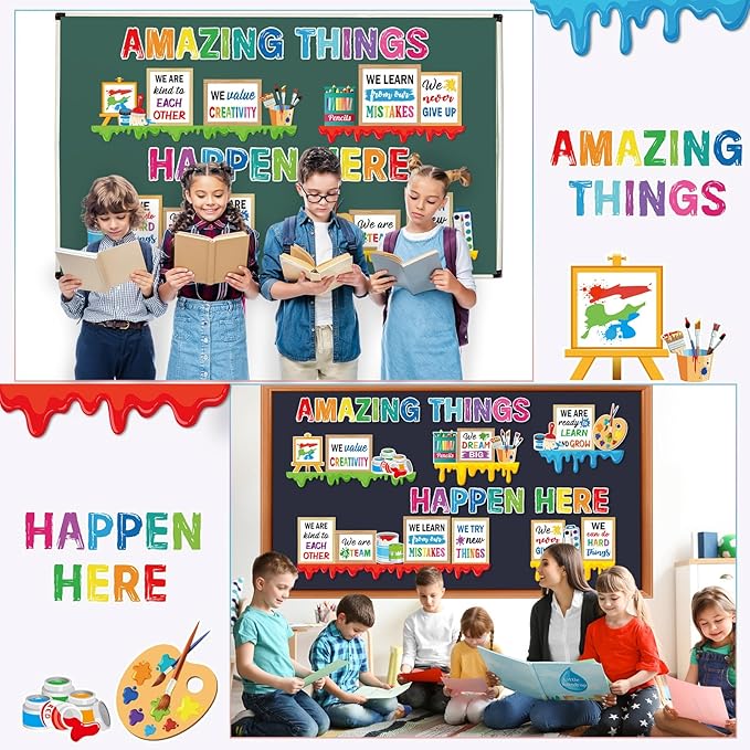 Qilery Art Theme Bulletin Board Set, Amazing Things Happen Here Paint Splatter Cutouts, Colorful Growth Mindset Motivational Classroom Decor, Inspirational Art Room Teacher Supplies