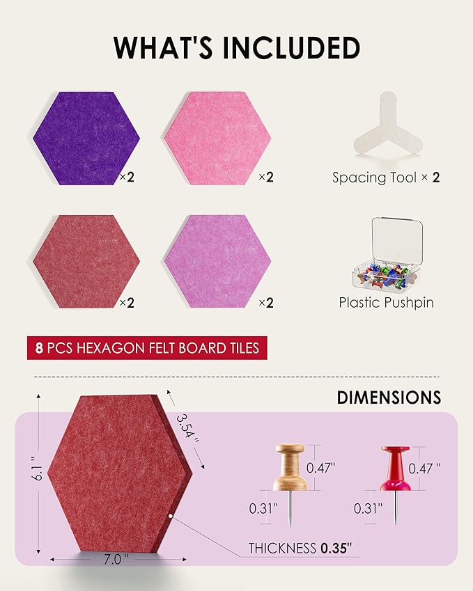 MaxGear 8Pcs Hexagon Felt Cork Board Tiles, Purple Gradient Self-Adhesive DIY Bulletin Board Pin Board for Office School Home Wall Decor Stickers Photos Display Memos