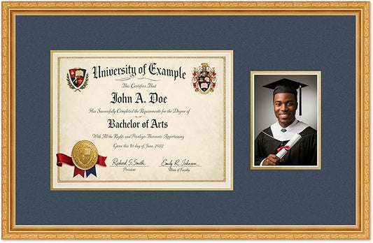 CountryArtHouse Fits 13 x 10 College Diploma (Traditional) and 5 x 7 Photo Diploma and Photo Frame Museum Gold Genuine Hardwood with Navy Blue Over Metallic Gold Double mat