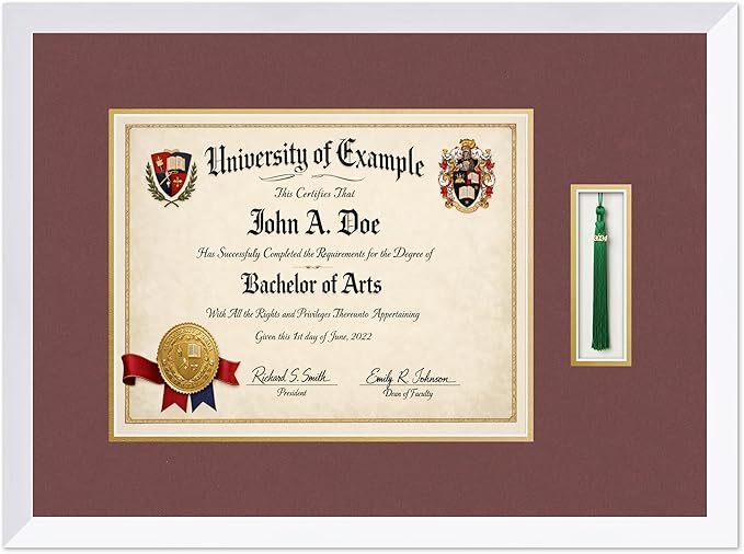 CountryArtHouse Diploma and Tassel Frame Fits 14 x 11 College Diploma (Modern) with Tassel H Bright White Genuine Hardwood Shadowbox with Dark Red Over Metallic Gold Double mat