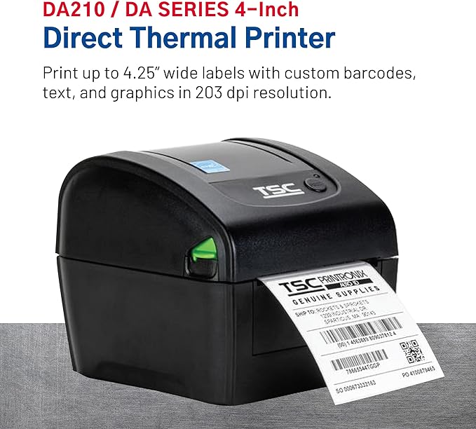 TSC DA210 Desktop Direct Thermal Label Printer for Postage, Shipping Tags, Receipts, Barcodes, Retail, Small Business, School, Home Office, and Stickers USB Connection, 4 Inch Width