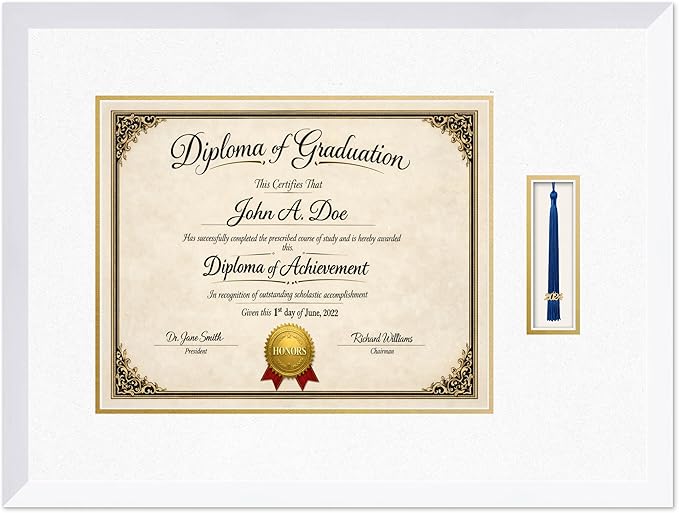 Diploma Frame with Tassel Holder Bright White Shadowbox Oyster Shell Over Gold Mat - Fits 15 x 12 Degree Made in the USA