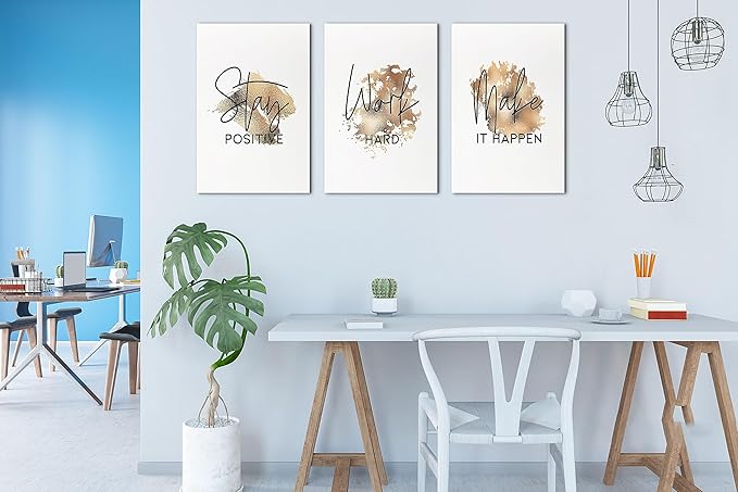 SHMAO Brown Office Canvas Wall Art Motivational Wall Decor, 3 Piece Stay Work Make Print Pictures for Office Wall Decor Women Inspirational Framed Artwork Home Office Decor 16”x24”x3 Panels