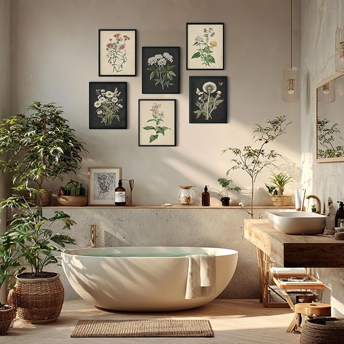 CEXYLVXR 6Pcs Vintage Botanical Wall Art Set Wildflower Herb Canvas Prints Rustic Farmhouse Wall Decor Pictures Dark Botanical Floral Painting for Living Room Bedroom Bathroom (8x10in Posters)