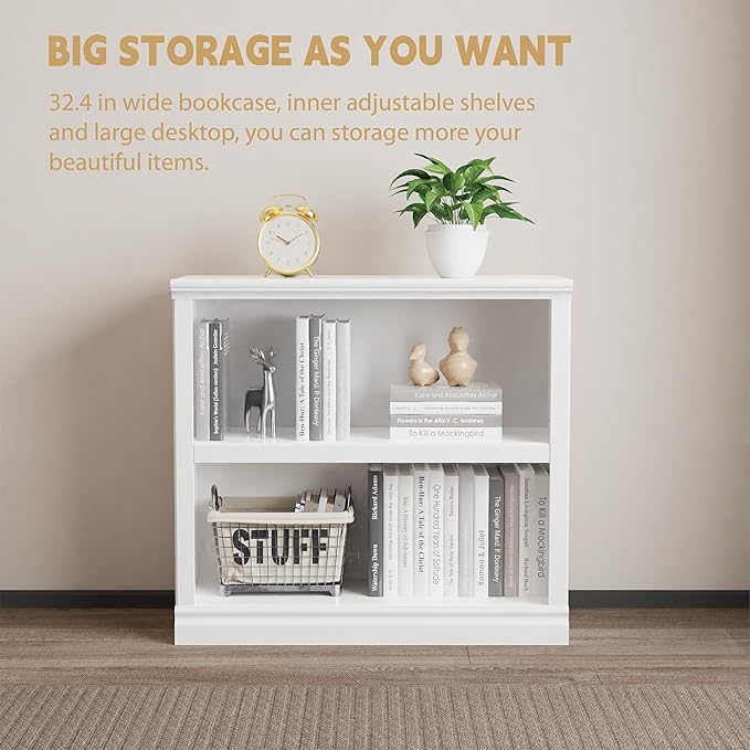 blini White Bookshelf and Bookcase Set of 2, Double Wide Large Bookshelves 2 Tier Wooden Bookshelf with Storage Cabinets for Living Room, Home Office, Library (White, 2 - Shelf)