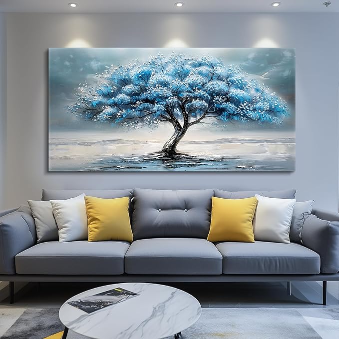 FUHAIHUA Farmhouse Wall Decor For Living Room Large Canvas Wall Art For Bedroom Office Decorations Blue Tree Paintings Abstract Wall Pictures Artworks Ready To Hang Home Decor Mural Art 24"X48"
