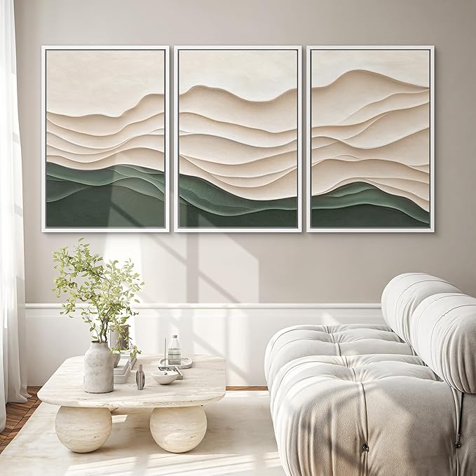SIGNWIN Framed Canvas Print Wall Art Set Textured Paper Cut Landscape Beige and Green Minimalist Illustrations Modern Art Rustic Scenic Relax/Calm for Living Room, Bedroom, Office - 16"x24"x3 White