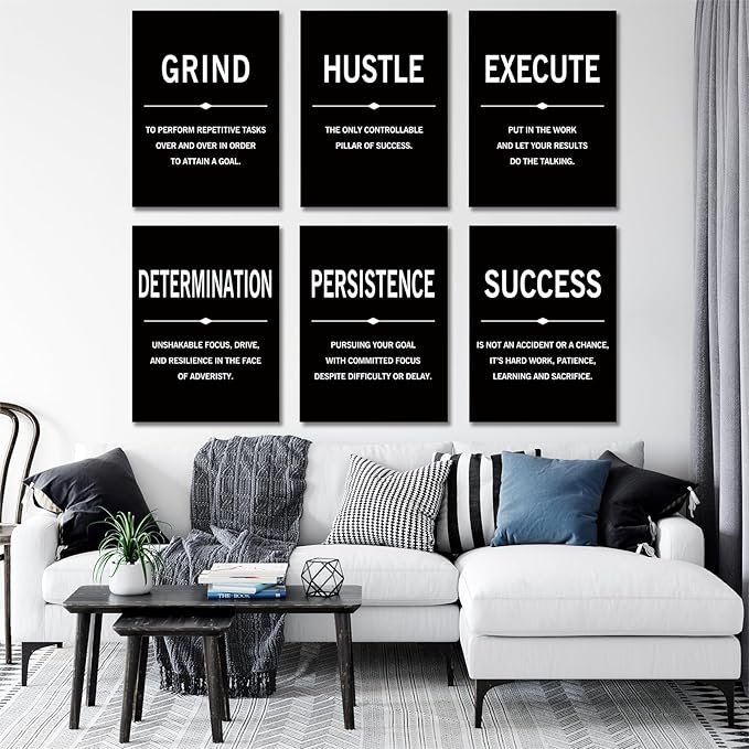 COSCTOR Set of 6 Grind Hustle Execute Determination Persistence Success Motivational Wall Art Picture Decor Canvas Framed for Office Bedroom Inspirational Home Posters Paintings Ready to Hang(Framed,16x24)