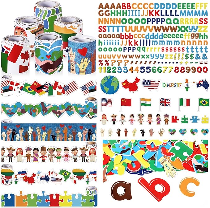 Kosiz Diversity Bulletin Board Decoration Set 118 ft Scalloped Bulletin Board Borders Classroom Poster Border Trim with 257 Pcs Letter Number Symbol Cutout for School Decor