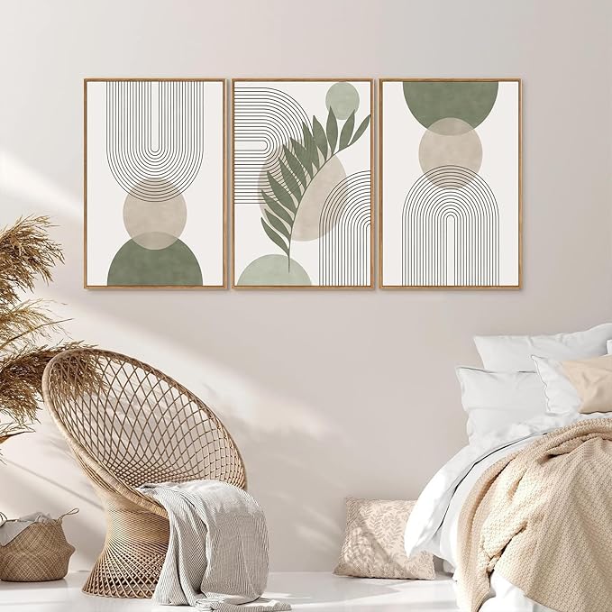 Framed Sage Green Boho Wall Art for Bedroom, Beige and Green 3 Piece Minimalist Artwork for Walls, Geometric Leaf Line Boho Small Paintings Prints for Hallway Kitchen Living Room Wall Decor, 12x16 In