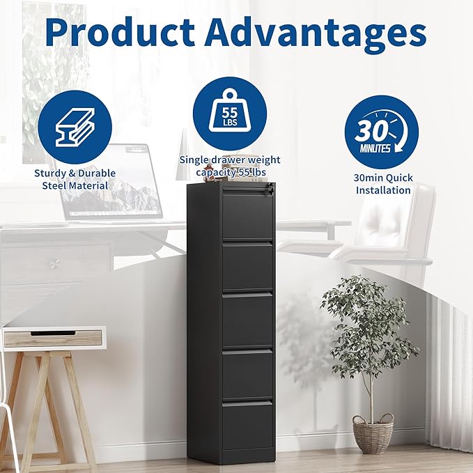 5 Drawer File Cabinet with Lock, Metal Filing Cabinet for Home Office, Vertical File Cabinet for Letter/Legal/A4/F4 Documents, Easy to Assemble Steel Storage Cabinet