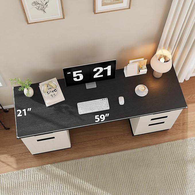 Garvee 59 in Farmhouse Executive Desk, Home Office Desk with File Drawer and Storage Cabinet, Wooden Computer Table with 3 Drawers for Work and Study ，White+Vintage/Black