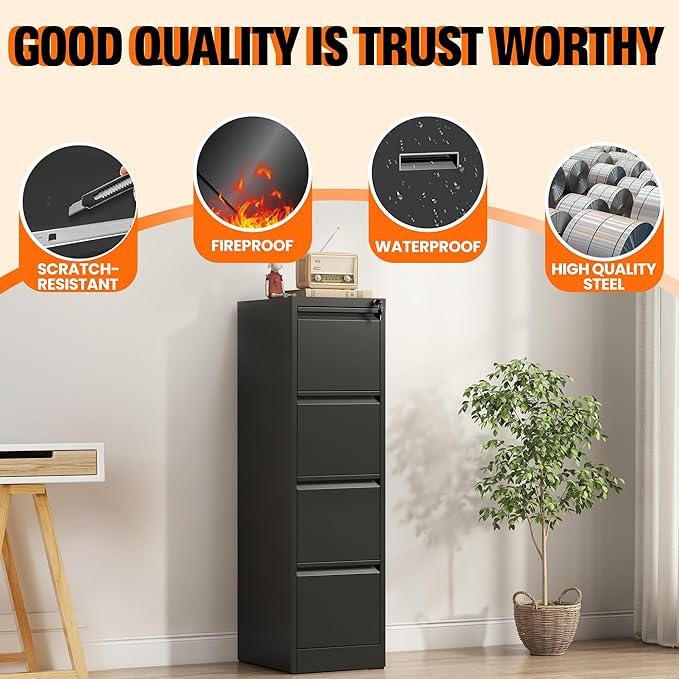 4 Drawer File Cabinet with Lock, Metal Filing Cabinet for Home Office, Vertical File Cabinet for Letter/Legal/A4/F4 Documents, Easy to Assemble Steel Storage Cabinet