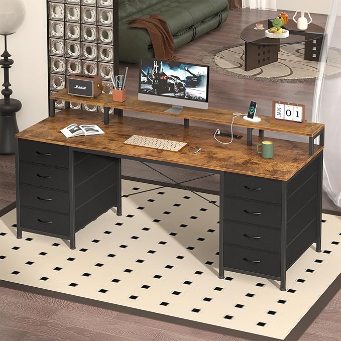 60 Inch Computer Desk with 8 Fabric Drawers, Gaming Desk with LED Lights & Power Outlets, Home Office Desk with Monitor Stand, Rustic Brown