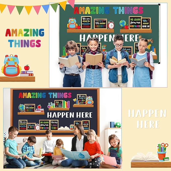 Qilery Bookshelf Bulletin Board Set, Amazing Things Happen Here Colorful Chalkboard Cutouts, Growth Mindset Inspirational Classroom Decor Posters, Back to School Elementary Teacher Supplies