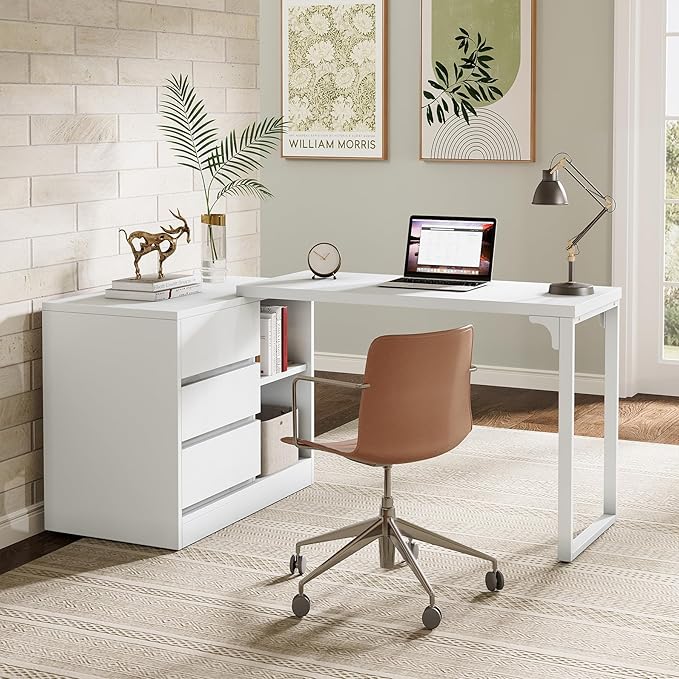 Tribesigns L-Shaped Computer Desk with Drawers and Shelves, Reversible White Corner Office Desk with Storage Cabinet, Modern Study Writing Table for Home Office, Bedroom