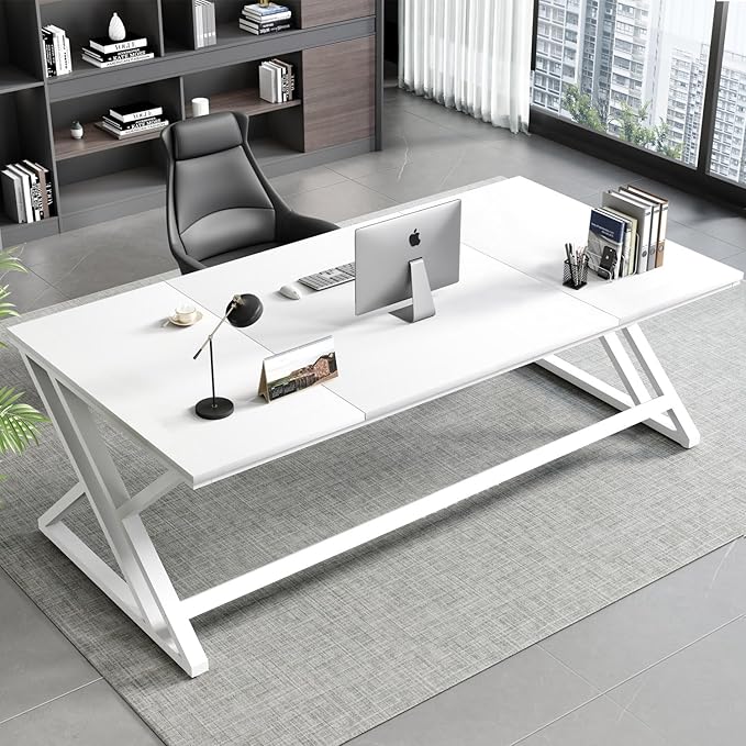 HSH White 70.8" Computer Desk, Modern Large Long Wood Metal Office Desk, Farmhouse Pc Study Work Writing Desk for Two Person, Rustic Double Workstation Executive Desk for Home Bedroom Living Room