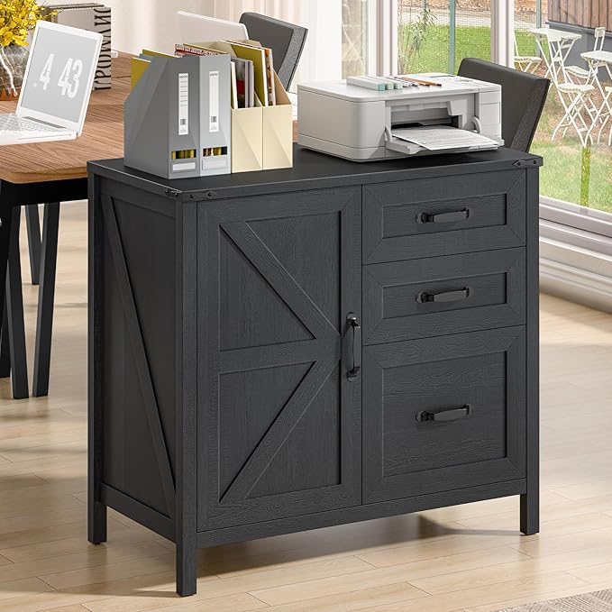 Farmhouse Lateral Filing Cabinet, Lateral File Cabinet with 3 Drawers and Storage Cabinet, Wooden Printer Stand with File Drawer for Letter/A4 Size Hanging File for Home Office, Rustic Black