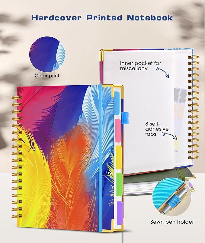 Hardcover Spiral Notebook Journal with Removable Dividers Tabs, 300 Pages 5 Subject Notebook College Ruled, 100GMS Notebooks for Work School Note Taking,Lined Journal for Women,Colorful Feather