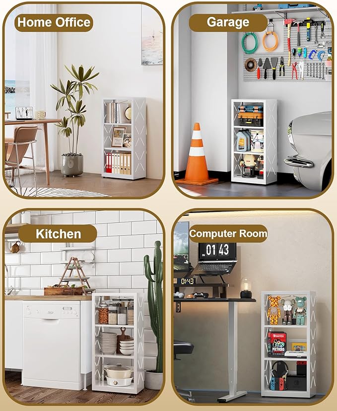 3 Tier Narrow Bookshelf, All Steel Bookcase Adjustable with Anti-Tip Kit & Leveling Feet, Modern White Storage Display Shelves for Bedroom, Living Room, Kitchen, Office