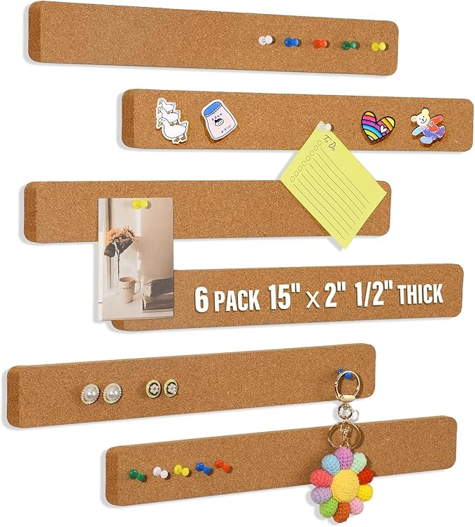 Cork Board Strips, 6 Pack 15 x 2 x 0.5 in Adhesive Cork Boards for Walls Office with 50 Push Pins for Paste Notes, Photos, Schedules, Photos