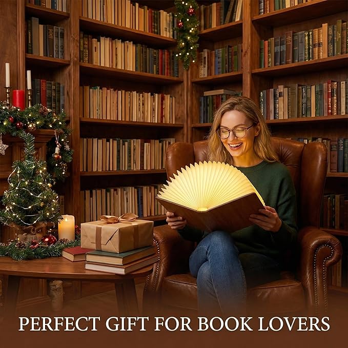 XIUDI 8 Colors Folding Book Lamp,Upgraded Version Portable Book-Shaped Desk Light,Novelty LED Paper Lantern with USB Rechargeable Night Light,Large Wood (Size 8.6×6.3×1in)