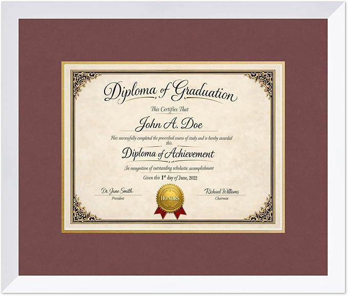 Diploma Frame Bright White with Dark Red Over Gold Double Mat - Fits 13 x 10 College Diploma (Traditional) Wall Display Made in the USA
