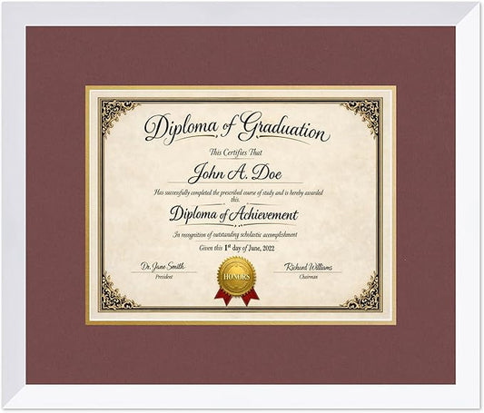 Diploma Frame Bright White with Dark Red Over Gold Double Mat - Fits 13 x 10 College Diploma (Traditional) Wall Display Made in the USA