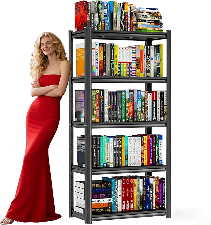 Modern 5 Tier Bookshelf, 71"H Adjustable Bookcase with Steel Frame and Metal Shelves, Utility Shelf Organizer, 1500LBS Display Shelving for Study, Home, Office, Living Room, Easy Assembly, Black
