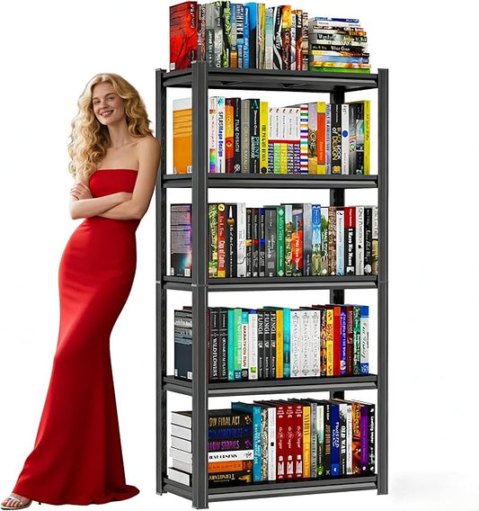 Modern 5 Tier Bookshelf, 71"H Adjustable Bookcase with Steel Frame and Metal Shelves, Utility Shelf Organizer, 1500LBS Display Shelving for Study, Home, Office, Living Room, Easy Assembly, Black