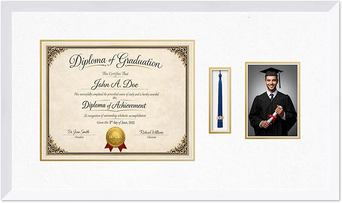 Diploma Tassel and Photo Frame Bright White Shadowbox Oyster Shell Over Gold Mat - Fits 14 x 11 Degree Picture Made in the USA