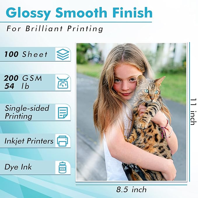 Koala Glossy Inkjet Photo Paper Thick 8.5X11 Inches 100 Sheets 54lb Picture Paper for Inkjet Printer Use DYE INK for Family Photos Letter Size 200gsm
