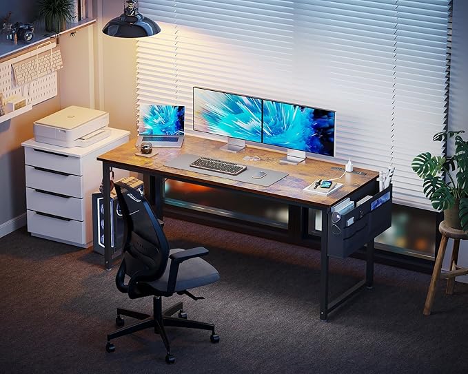 KKL Large Computer Desk with Power Outlets and USB Port Desk for Home Office Gaming Simple Modern Style Writing Desks with Storage Bag Headphone Hook, 55 inch, Rustic Brown