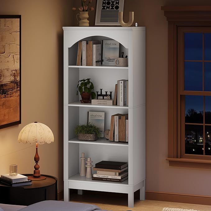 56" H Tall Bookshelf and Bookcase, Arched Book Shelf with 4-Tier Open Shelves, Wooden Storage Bookcase Freestanding Display Bookshelves for Bedroom, Living Room, White