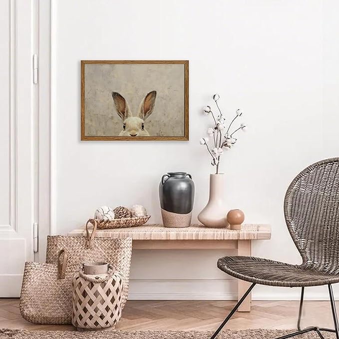 AVECCO Framed Vintage Funny Bunny Easter Wall Art, Cute Farmhouse Aesthetic Wall Decor, Easter Rabbit Art Prints for Bathroom Living Room Bedroom Dining Room Office Decoration Ready to Hang 12x16 inch