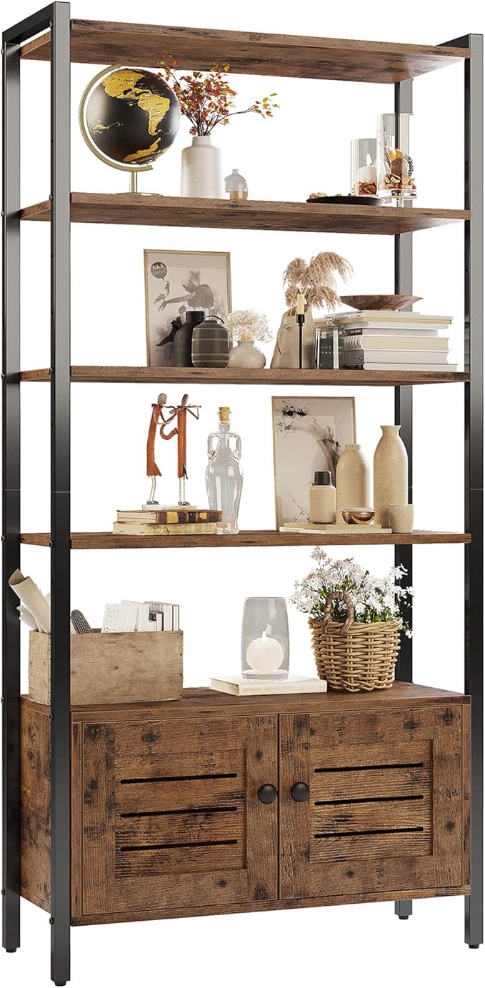 IRONCK Bookshelf and Bookcase with Two Louvered Doors and Four Shelves, 27.6" Wide Standing Storage Cabinet for Living Room, Home Office, Bedroom, Washroom, Vintage Brown