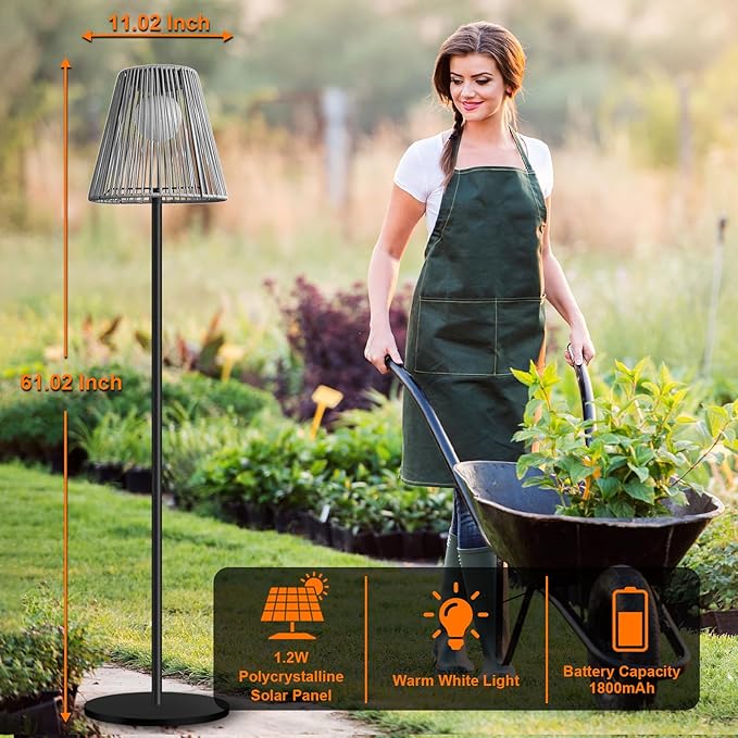 Outdoor Solar Floor Lamp, Garden Rattan Wicker Light, Metal Pole and Base, Waterproof Yard Garden Wedding Home Decor Light -Grey
