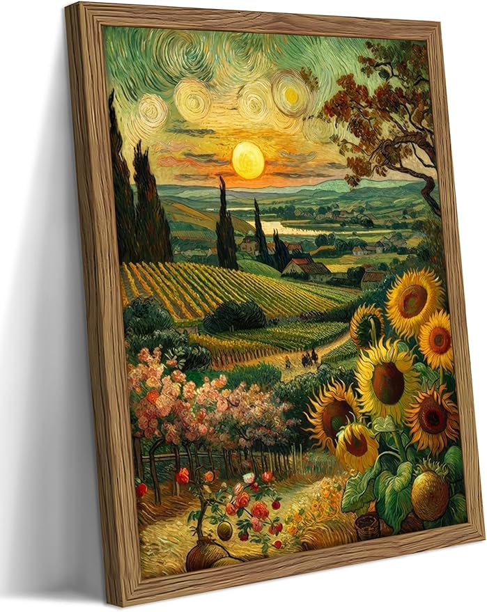 Framed Vintage Sunflower Wall Art, Cottagecore Van Gogh Impressionist Canvas Wall Decor Painting, Rustic Farmhouse Sunset Landscape Artwork Print Picture for Living Room Bedroom 16x24 Inch