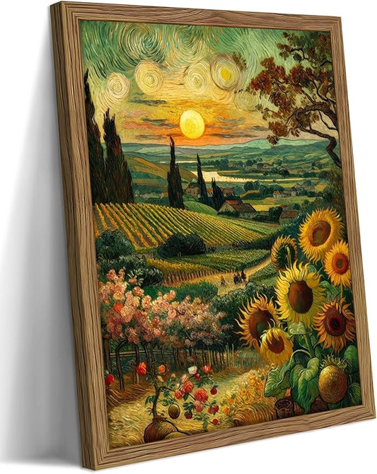 Framed Vintage Sunflower Wall Art, Cottagecore Van Gogh Impressionist Canvas Wall Decor Painting, Rustic Farmhouse Sunset Landscape Artwork Print Picture for Living Room Bedroom 12x16 Inch