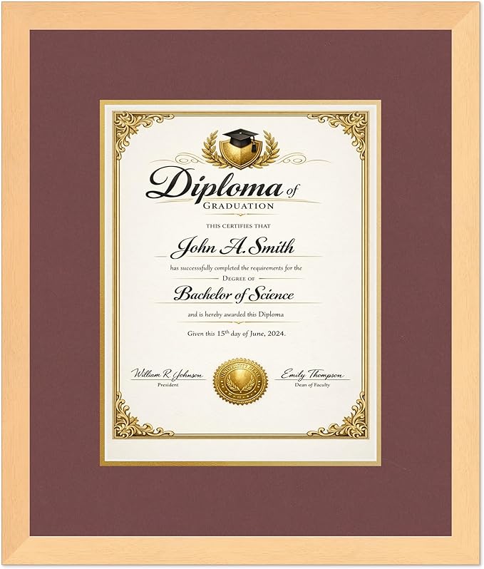 CountryArtHouse Diploma Frame Fits 10 x 13 College Diploma (Portrait Traditional) - Keepsake Graduation D Natural Wood Genuine Hardwood with Dark Red Over Metallic Gold Double mat