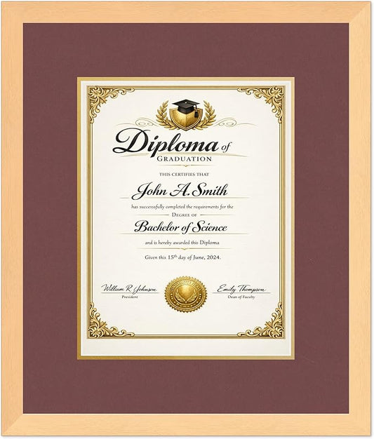 CountryArtHouse Diploma Frame Fits 10 x 13 College Diploma (Portrait Traditional) - Keepsake Graduation D Natural Wood Genuine Hardwood with Dark Red Over Metallic Gold Double mat
