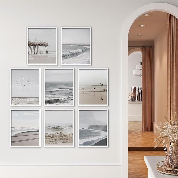 SIGNWIN Framed Poster Wall Art Set of Minimal Ocean Beach Seashore Coastals, White Minimalist California Ocean Beach Seashore Pier Nature Wilderness for Living Room, Bedroom, Office - 8"x10"x 8 White